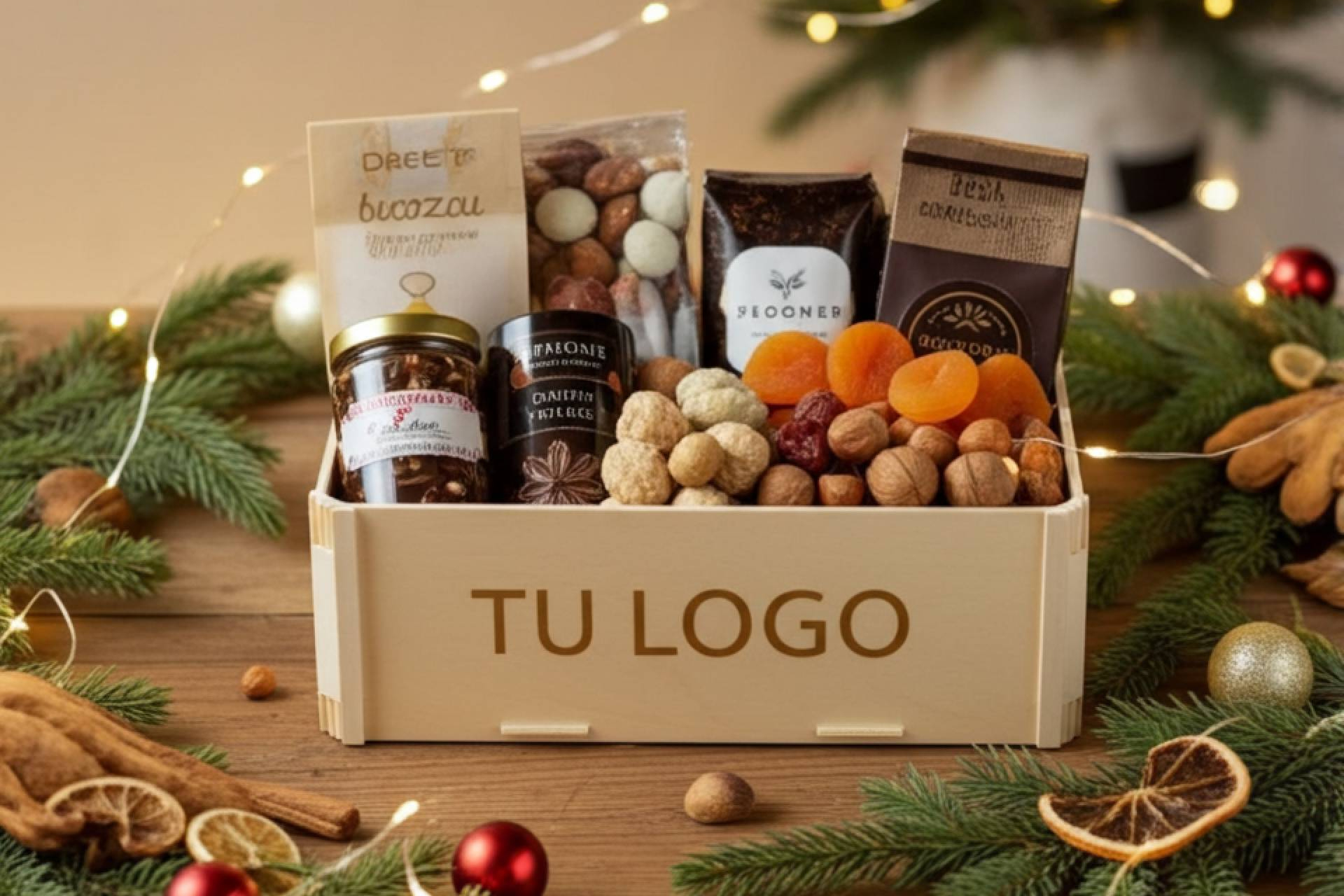 Cajas de madera personalizadas para cestas navideñas con el sello de Sincla